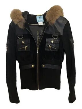 Marciano Black & Leather Bomber Jacket with Brown Fur Trim Size M